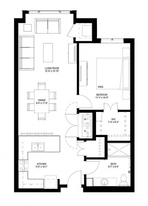 Floor plan for 1 bed, 1 bath, 843 sqft